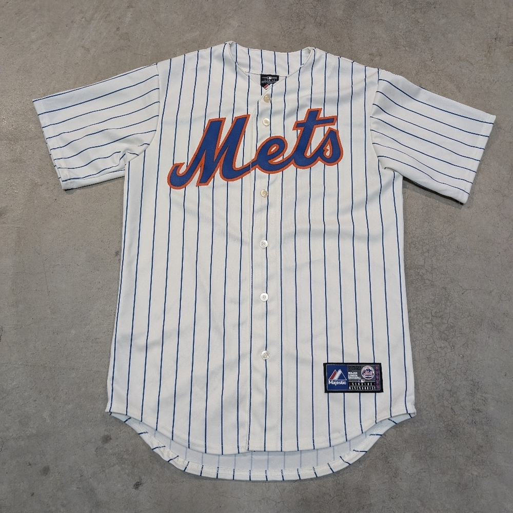 Majestic New York Mets White Blue Pinstripe Baseball Jersey with Orange Script